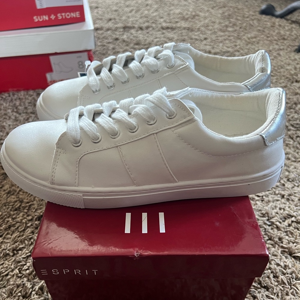Brand new w/tags & box ESPRIT, white pleather tennis shoes.